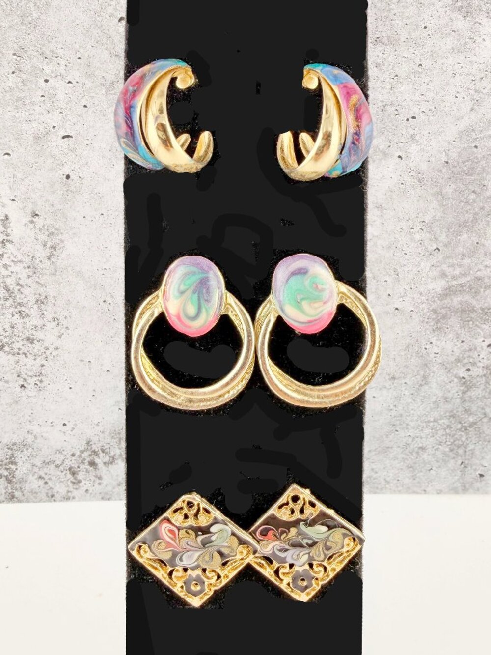 Vintage 80s Gold Enamel Statement Earrings Lot (3 Pairs)